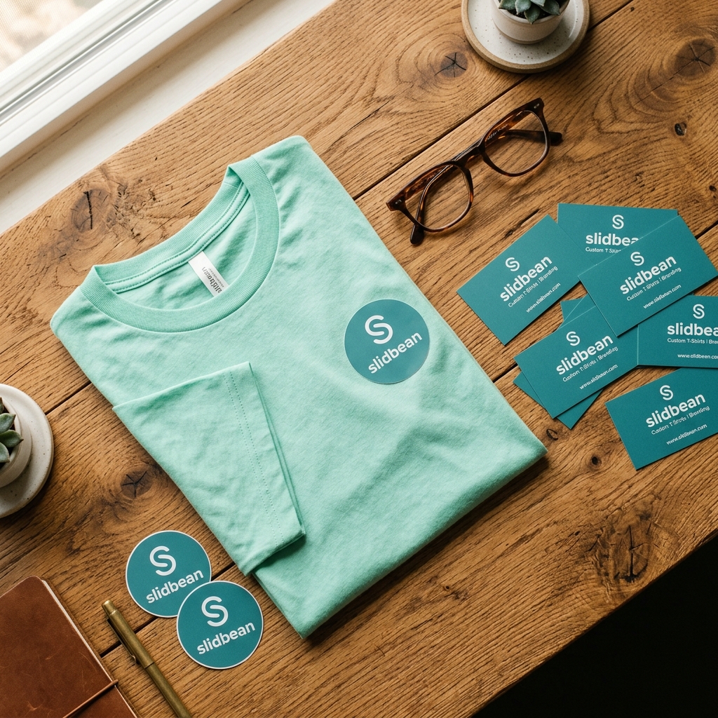 Custom branded merchandise with stickers and t-shirts on a desk